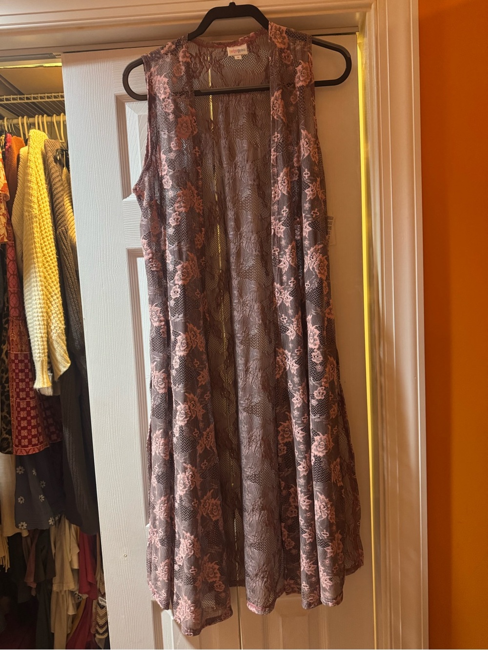 LuLaRoe Gray and Pink Floral Lace Duster Vest